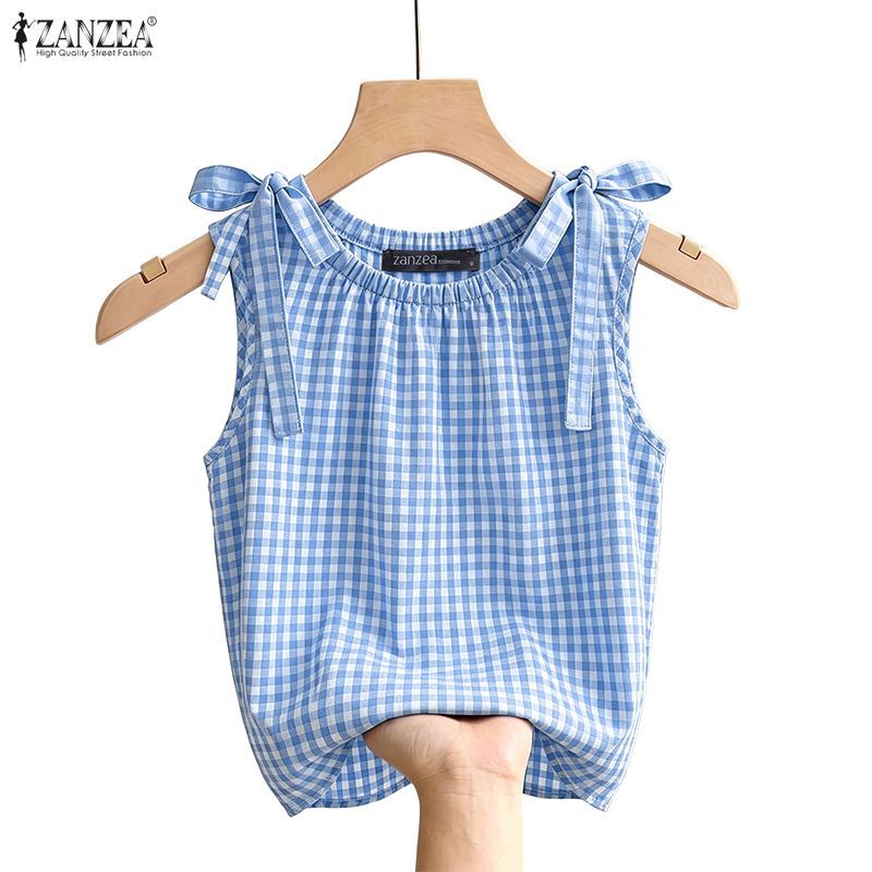 ZANZEA ผู้หญิงสาวเกาหลี O คอแขนกุดหลวมลายสก๊อต Bowknot Tank — صورة 6