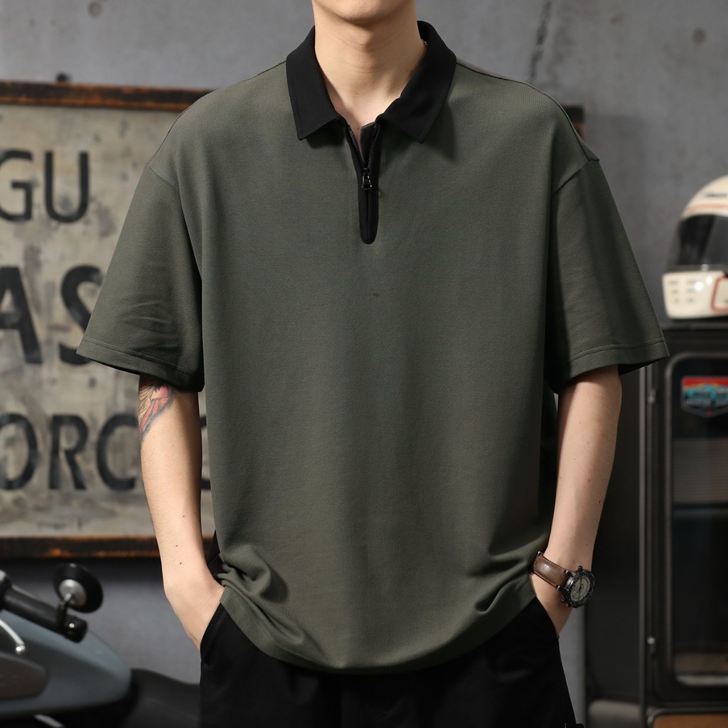 Becoolman-สไตล์ญี่ปุ่น แนววินเทจ POLOเสื้อ ชาย ฤดูร้อน แบบหลวม ซิป ปกพับ กีฬา ยอดนิยม เสื้อยืด