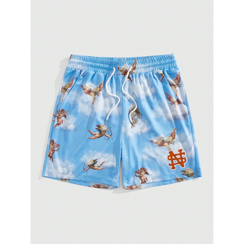 ROMWE MEN Street Life Mens Angel Print Drawstring Waist Pocket Shorts, Vacation, Back To School