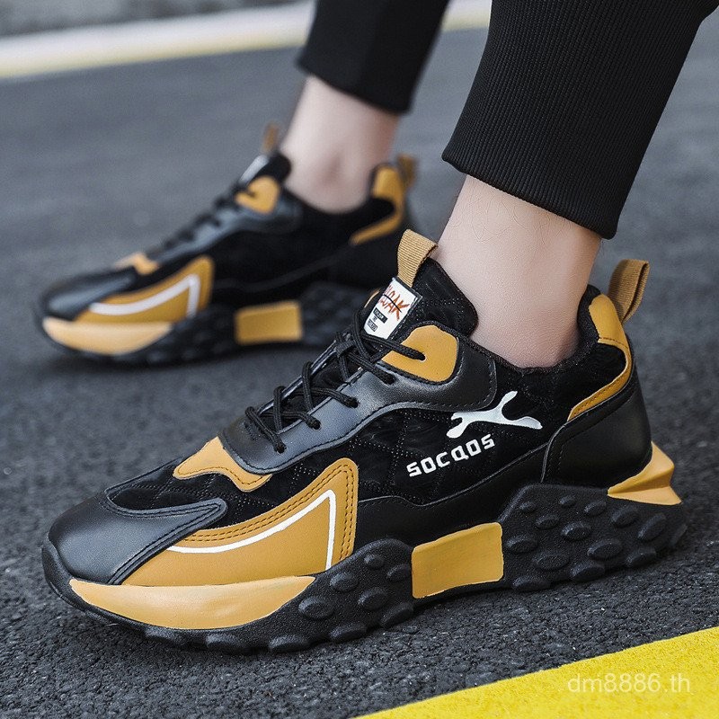 รองเท้าผ้าใบแฟชั่นผู้ชาย-รองเท้าลําลองพื้นหนาสีเหลืองสีดําสําหรับผู้ชาย |   Streetwear Lace Up Platf
