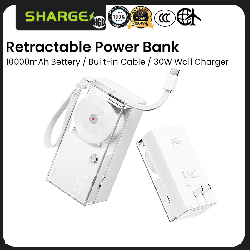 SHARGE 3-in-1 แบบพกพา Power Bank 10000mAh ในตัวแบบพับเก็บได้และปลั๊กผนังแบบพับได้ Max Travel Essenti