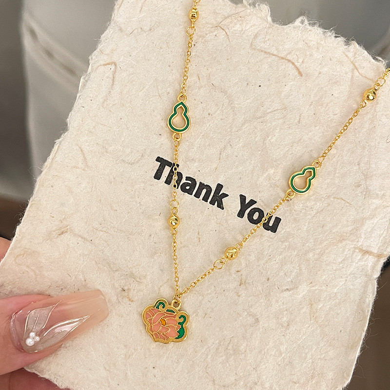 วิธีโบราณ Peony Burnt สร้อยคอสีฟ้าสไตล์จีนประณีต High-End Gourd Peony ดอกไม้ Safe Lock สร้อยคอ