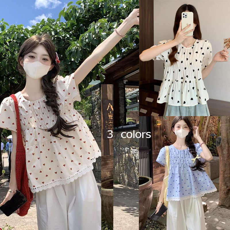 Cuties W646 เสื้อแขนสั้นผู้หญิงสไตล์เกาหลี oversize ลายหัวใจ สุดน่ารัก สไตล์เกาหลี
