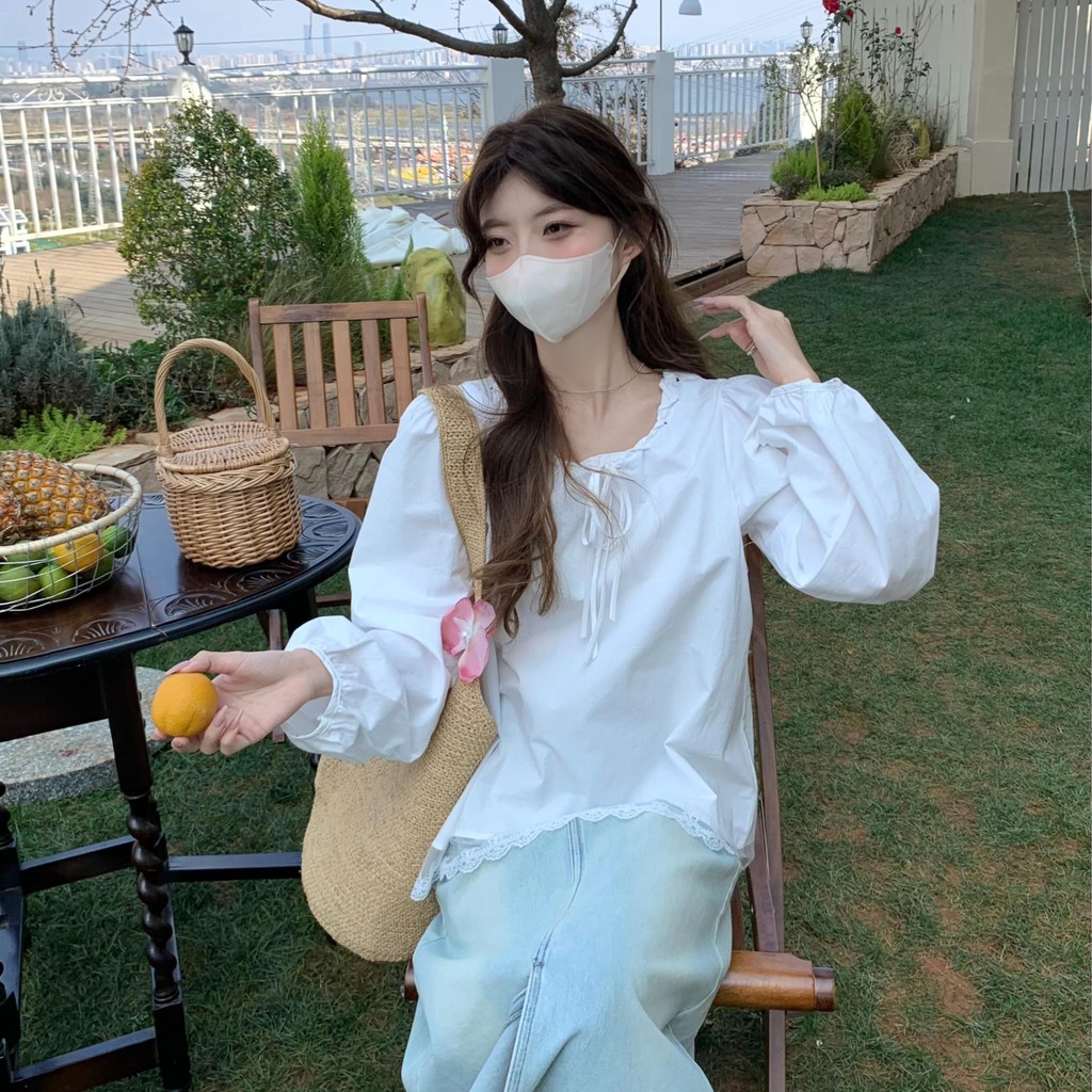 Chili Koko เสื้อเชิ้ตแขนยาวทรงหลวมผูกโบว์คอแฟชั่นสไตล์เกาหลี เสื้อแขนยาวชายลูกไม้ เสื้อผ้าน่ารักๆใส่ไปเที่ยว W649 - รูปที่ 5