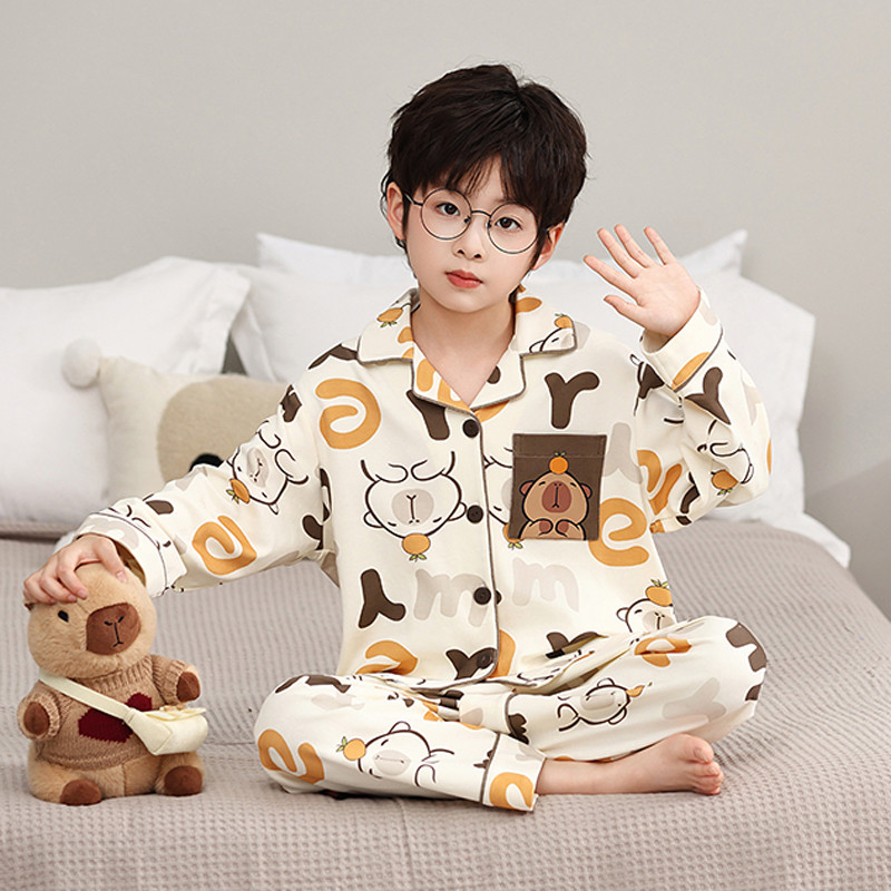 ใหม่เด็กชายพ่อแม่และลูกคาร์ดิแกนชุดนอนเด็กแขนยาวปกสูทการ์ตูน