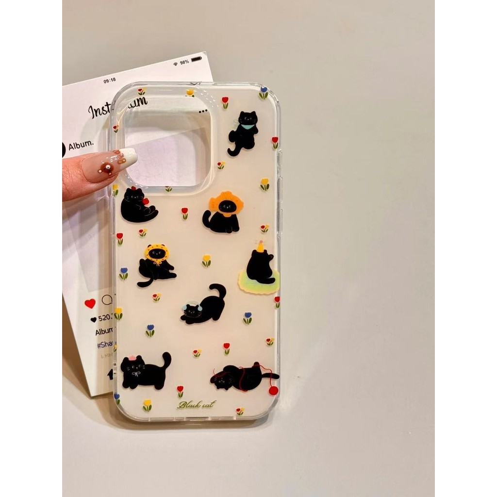 Imdปลอกสองชั้นสําหรับiPhone 16 15 14 13 12 11 Pro XR X XS Max 8 7 Plus Taiyaki Black Cat Soft Case Cover - รูปที่ 2