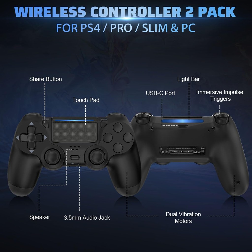 FASIGO PS4 Controller 2 Pack, คอนโทรลเลอร์ PS4 ไร้สายสําหรับ PS4 / Pro/Slim & PC, พร้อมสาย USB C 2 เ