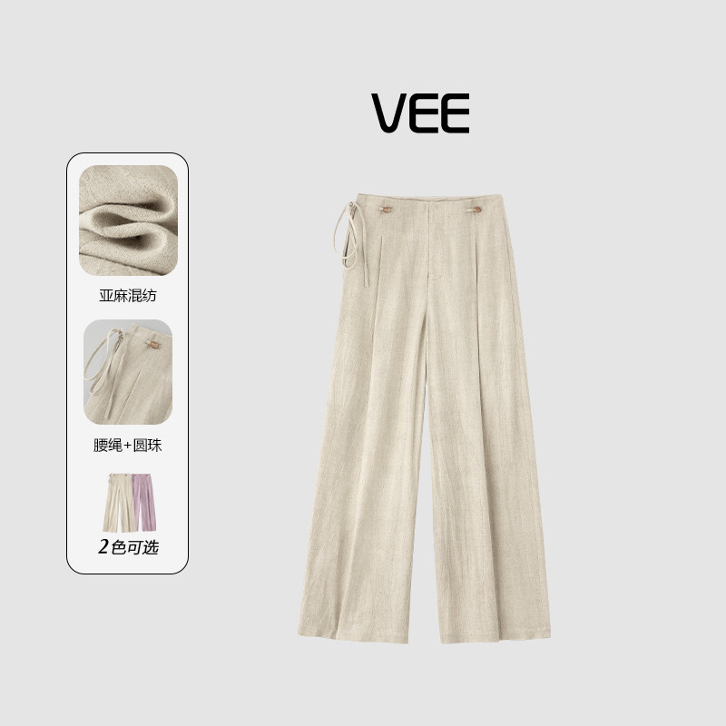 VEE [Urban Old Money] 2025 แฟชั่นฤดูร้อน Casual Retro เข็มขัดผ้าลินินกางเกงขากว้างกางเกงผู้หญิง