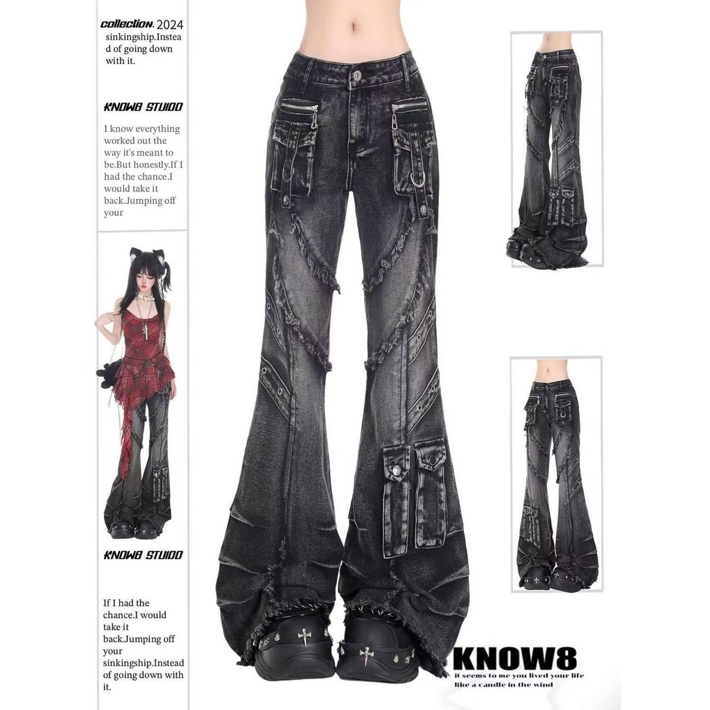 ZH คลังสินค้าพร้อม2025 ฤดูใบไม้ร่วงฤดูหนาวผู้หญิงกางเกงยีนส์กางเกง Dark Academia Cargo Jean Flared B