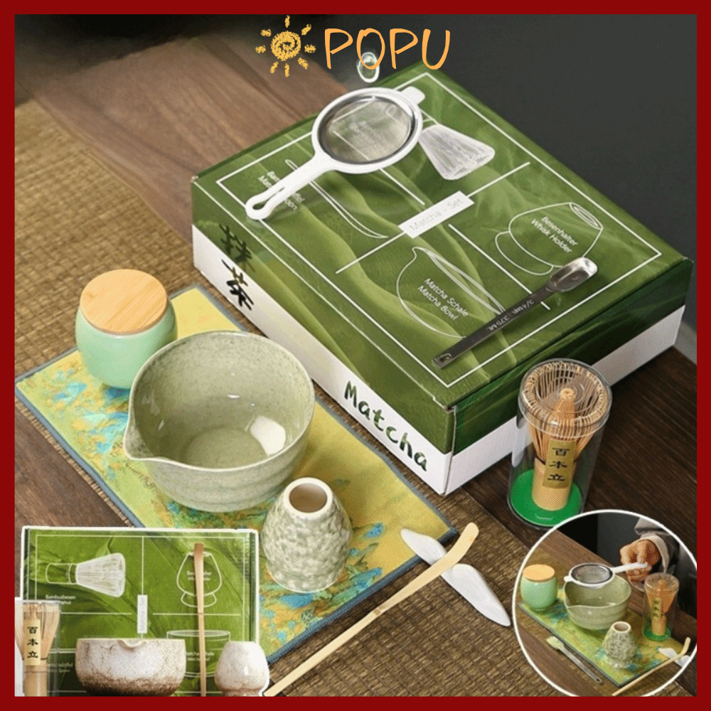 แปรงมัทฉะ POPU, ช้อนมัทฉะ Match Bowl ชุดชามัทฉะญี่ปุ่น, แท่งชาแบบใช้ซ้ําได้ Tea-Making เครื่องมือไม้ไผ่เซรามิค Matcha Whisk ชุดสําหรับคนรักชา