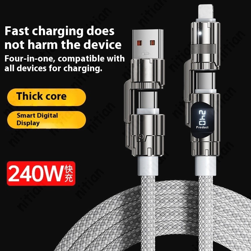 4 in 1 240W Super Fast Charging USB Type C Data Cable พร้อม LED Digital Display Wire Multi Interface Charger Cable ข้อมูลความเร็วสูงไนลอนถักสําหรับโทรศัพท์/แท็บเล็ต - รูปที่ 2