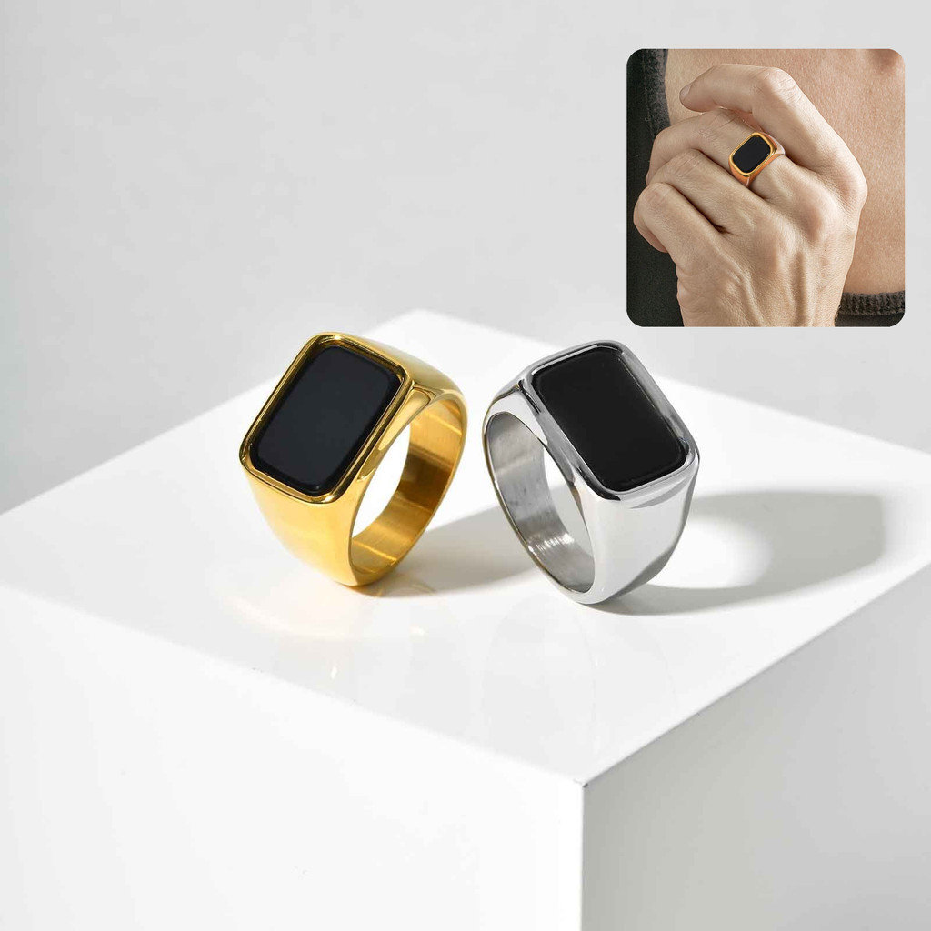 แหวนหินแก้วและสแตนเลส Meaeguet Square สีเหล็ก/ทอง สไตล์คลาสสิก