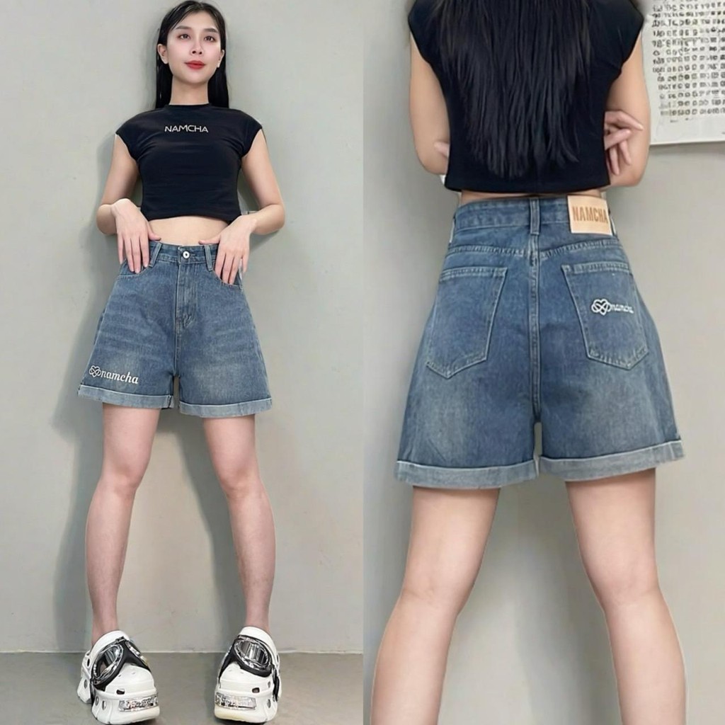 NAMCHAกางเกงยีนส์ขาสั้น กางเกงยีนส์เอวสูง ปักNAMCHA 2647