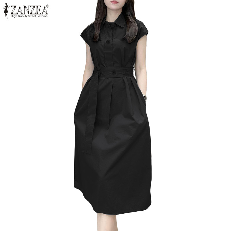 ZANZEA Celmia เดรสกลางเข่าสตรีลายพิมพ์เก๋ กระดุมสลิม พร้อมกระเป๋าและเข็มขัด