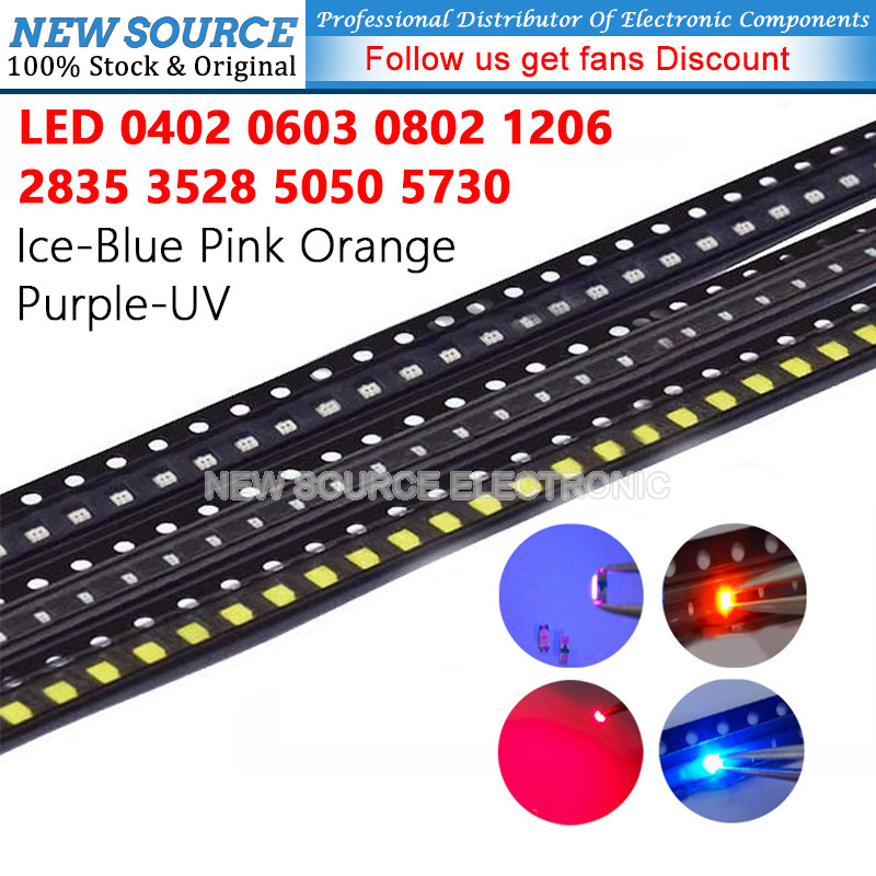 [100 ชิ้น] LED 0402 0603 0802 1206 2835 3528 5050 5730 SMD Ice-Blue สีชมพูสีส้มสีม่วง-UV LED Light E