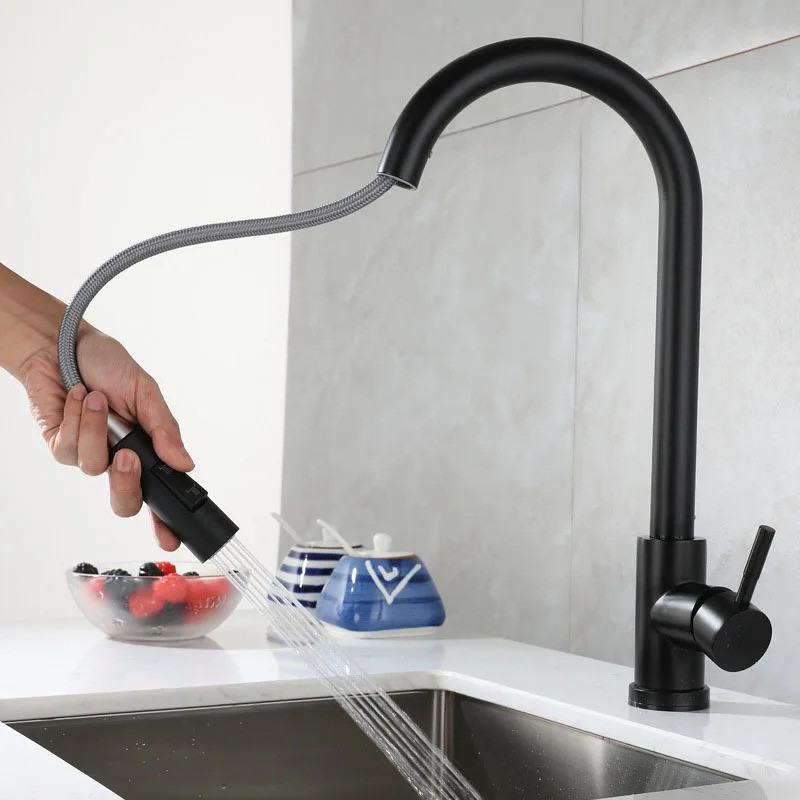 Brushed/Black Pull-out Kitchen Faucet Single Hole Tap G1/2 Kitchen Faucet Black Surface Water Faucet