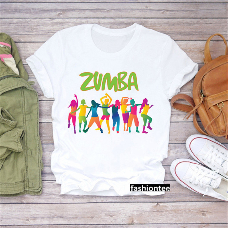 Hip Hop Zumba สีน้ํา 2025 สั้นแฟชั่นเต้นรํา Harajuku NEWRound เสื้อยืด Street พิมพ์ Zumba สุภาพสตรีผ