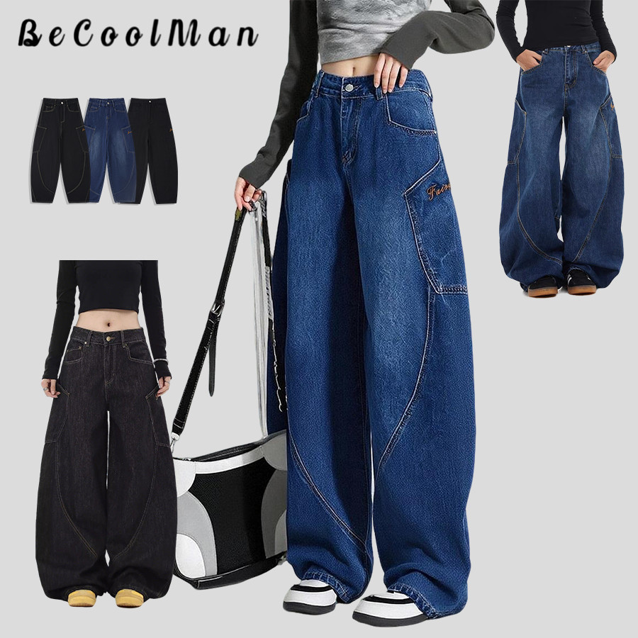 💥BecoolMan💥กางเกงยีนส์ ชาย ขากว้าง กางเกงยีนส์แบบสบายๆ กระเป๋าใบใหญ่ดีไซน์ย้อนยุค ชายหญิงสามารถสวมใส่ได้ แฟชั่นยอดนิยม