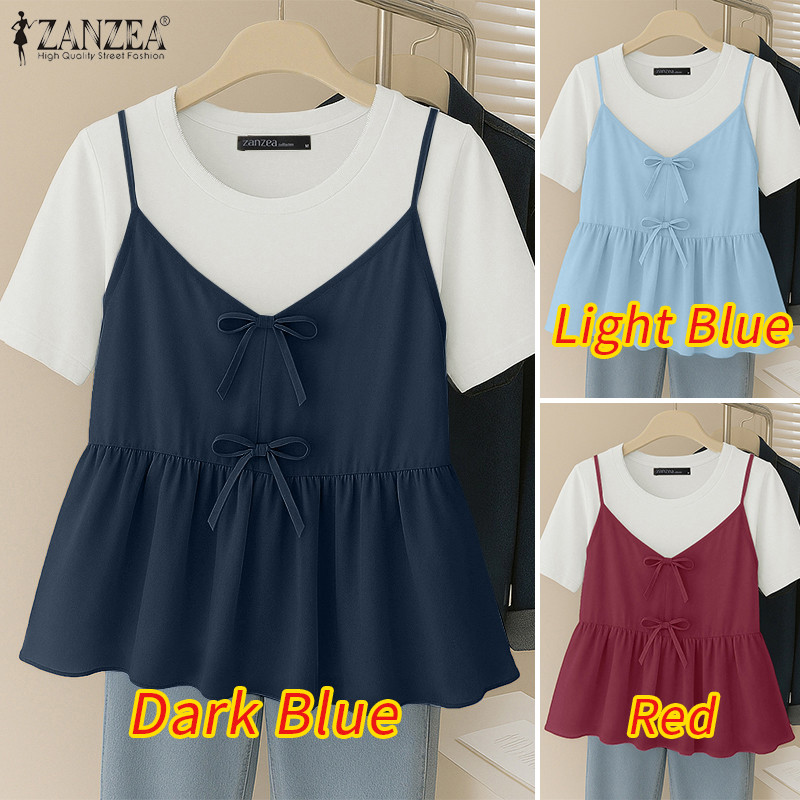 ZANZEA เสื้อยืดผู้หญิง สไตล์เกาหลีหวาน โบว์โนต และแพทช์เวิร์ค - รูปที่ 2