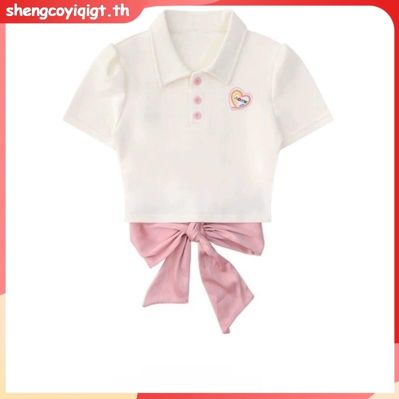 Xiao เสื้อยืดโปโล แขนสั้น คอปก ผูกโบว์ สไตล์ญี่ปุ่น สําหรับผู้หญิง O90L