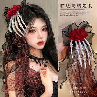 ใหม่! ชุดヘアピースกอธิค ผ้าคลุมหน้าฮาโลวีน ลายกะโหลกกุหลาบและกรงเล็บ | アクセサรีคอสเพลย์ผีเจ้าสาว ส่งฟรี