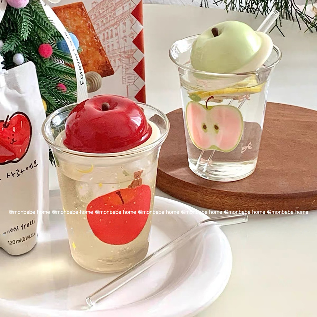 แก้วน้ำ แก้วกาแฟ รูปแอปเปิล🍎 พร้อมฝาและหลอด 400ml ฝาวัสดุเซรามิก พร้อมส่ง