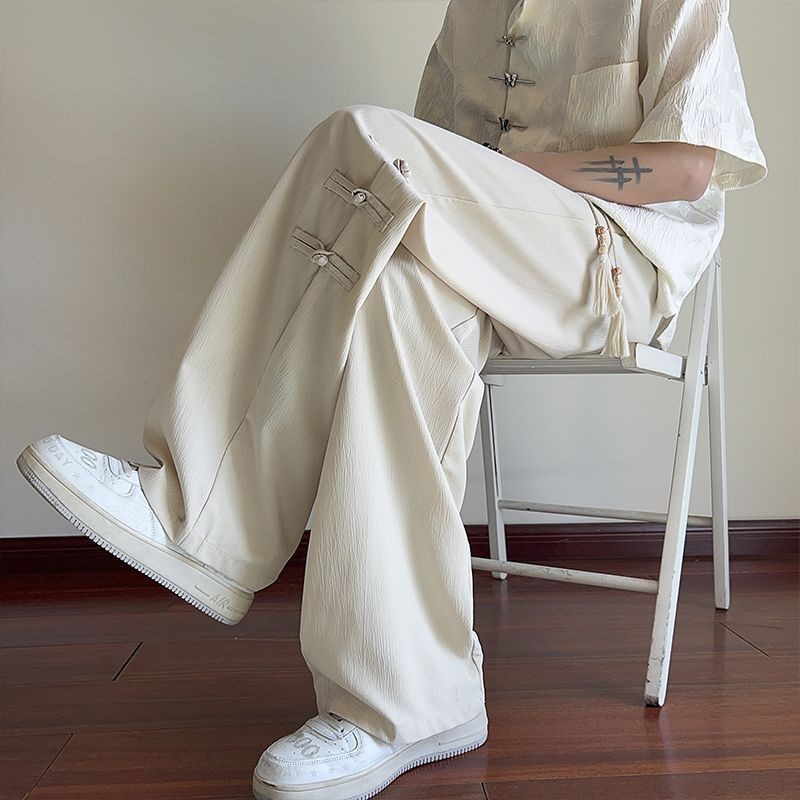 [3517 คอลเลกชันคน] ใหม่สไตล์จีนดิสก์หัวเข็มขัดผ้าไหมน้ําแข็งกางเกงผู้ชายฤดูร้อนบางสไตล์หลวมตรงขากว้างระดับไฮเอนด์กางเกงลําลองผู้ชาย 9.27 - รูปที่ 5