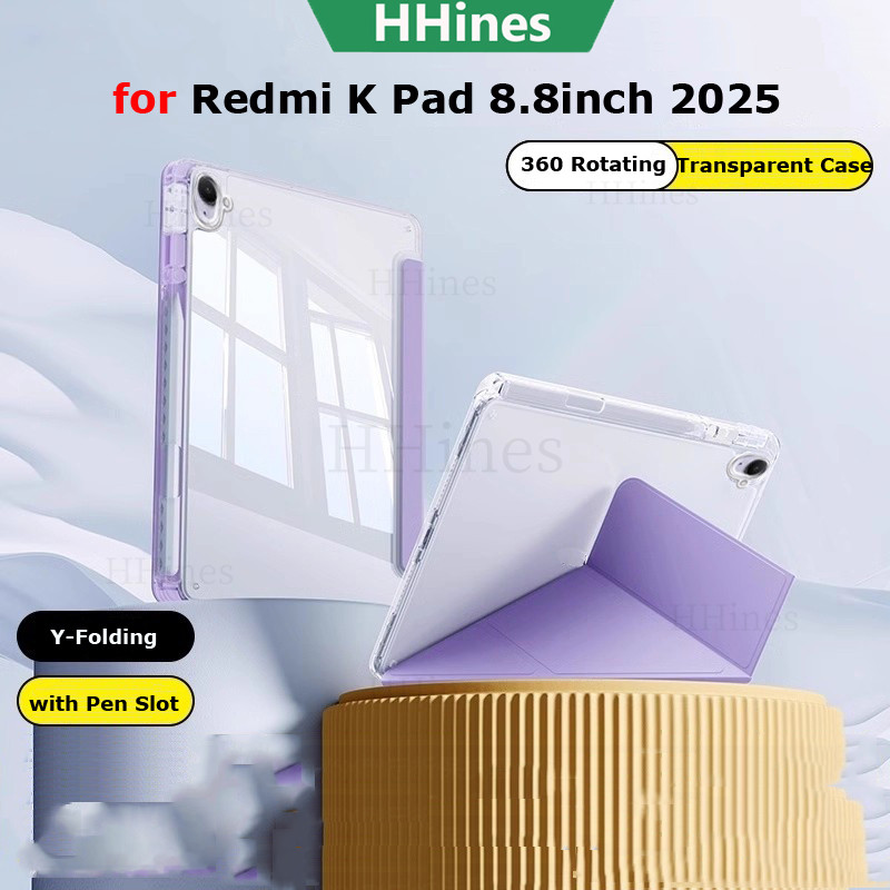 HHines สําหรับ Xiaomi Redmi K Pad 8.8 2025 Mi Pad SE 8.7 2024 สําหรับ Xiaomi Pad Mini 8.8 นิ้ว 2025 Y-ขาตั้งพับอะคริลิคใสป้องกันแท็บเล็ตปลอกพร้อมช่องดินสอ