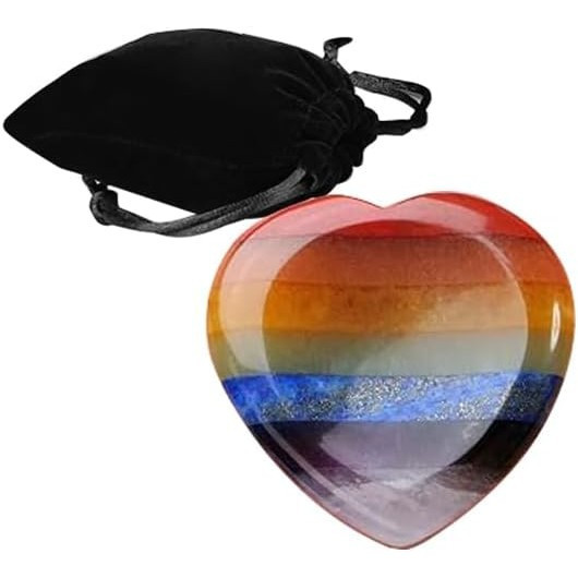 Yeesabella 7 Chakra Thumb Worry Stone for Anxiety with Velvet Bag Heart Shape Chakra Healing Crystal