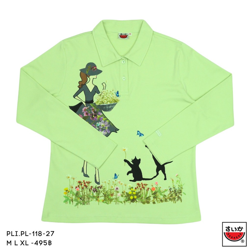 เสื้อแตงโม (SUIUKA)-เสื้อยืดแตงโมคอปกแขนยาว ผ้าคอตตอนอินเตอร์ล๊อค ลายริ้ว (PLI.PL-118) — صورة 4