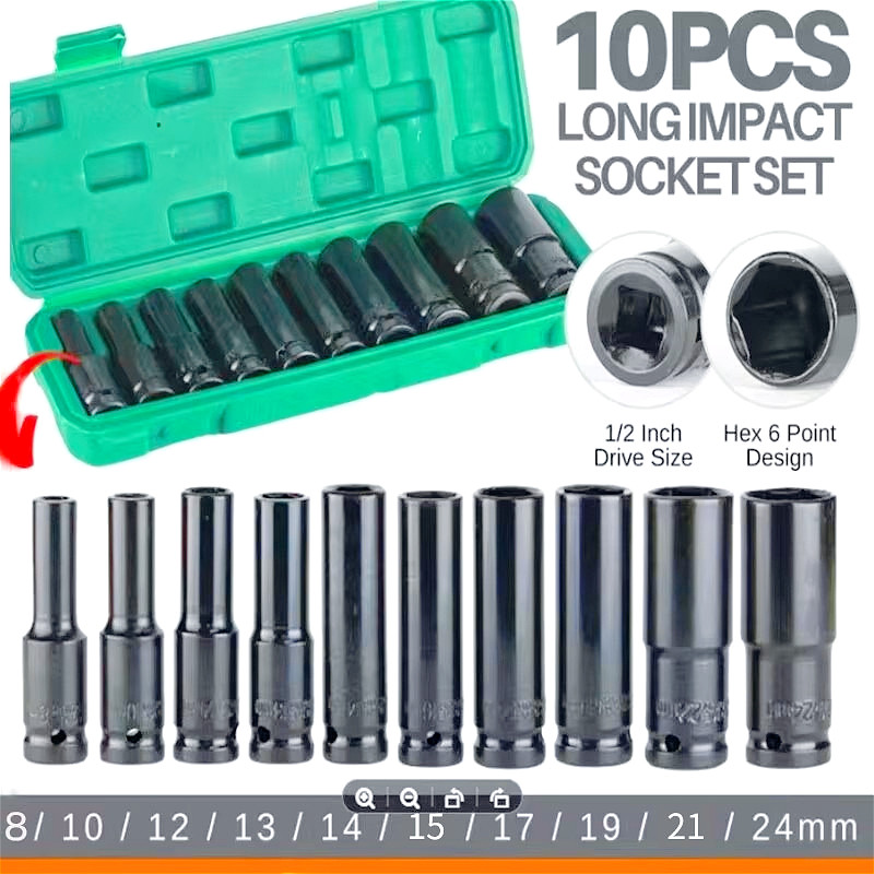 10 ตัว/ชุด ชุดประแจไฟฟ้า Hex Shank ลูกบล็อกยาว ชุดลูกบล็อกยาว ชุดบล็อก ชุดประแจไฟฟ้า 1/2'' 4หุน