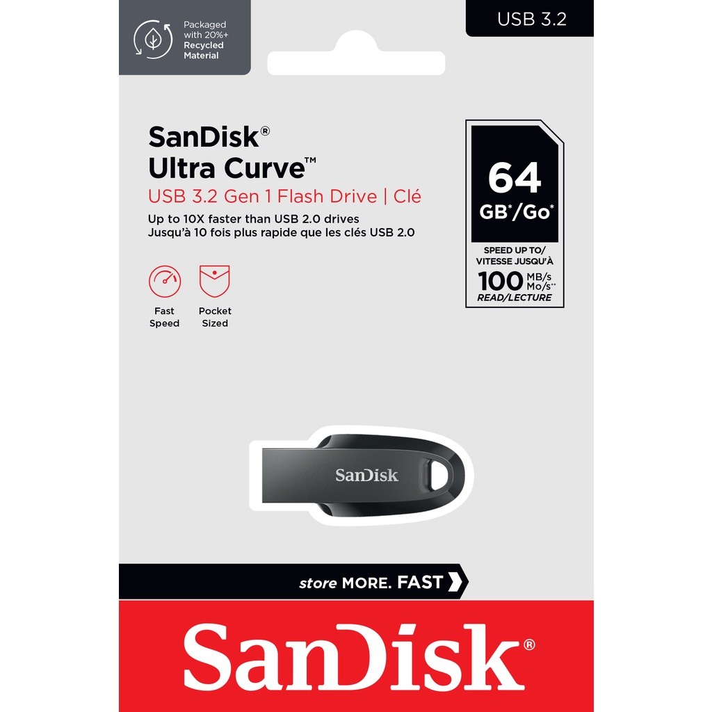 SanDisk Ultra Curve USB 3.2 Gen 1 Flash Drive, CZ550 64GB, USB3.0, Black, compact design,  ประกัน Sy