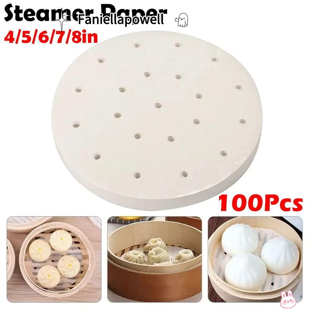 FANIELLAPOWELL 100 ชิ้น Buns ขนมอบกระดาษไม่ติด, รอบ 4/5/6/7/8in Steamer กระดาษ, ทิ้ง Buns Pad กระดาษ