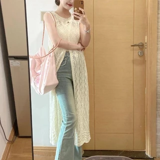 ชุดเดรสไหมพรม แขนกุดตัวยาว ขนาดฟรีไซส์ (Free Size) ไหมพรมตาข่ายระบายร้อน ซ่อนความเซ็กซี่ สลับใส่ได้ 2 แบบ