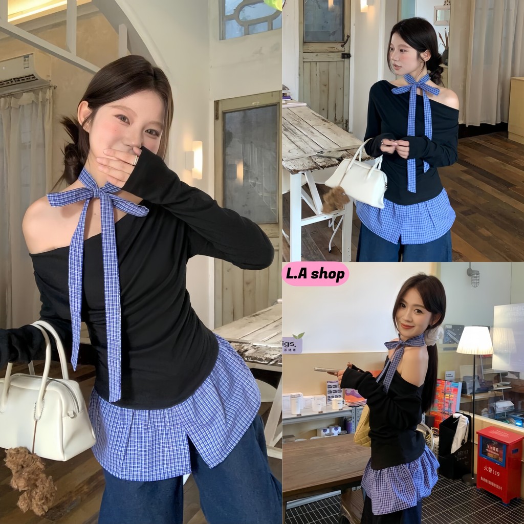 L.A Shop เสื้อคุณภาพดี เสื้อแขนยาวเปิดไหล่ ดีเทลแต่งลายสก็อตสีน้ำเงิน สไตล์เกาหลี เข้ารูป"FY1520"