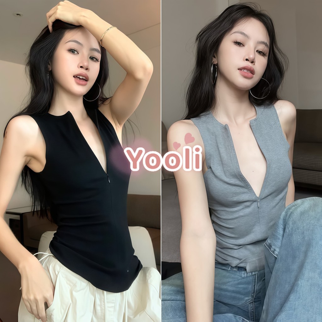 เสื้อกล้าม แขนกุด ดีเทล ซิปรูดด้ายหน้าสีพื้น ยืดพอดี ลำลองและใช้งานได้หลากหลาย