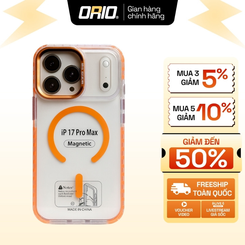 ORIO METAL iPhone 17 Case Anti-Yellow กันกระแทกขอบกล้องโลหะโปร่งใส, การชาร์จแบบไร้สาย