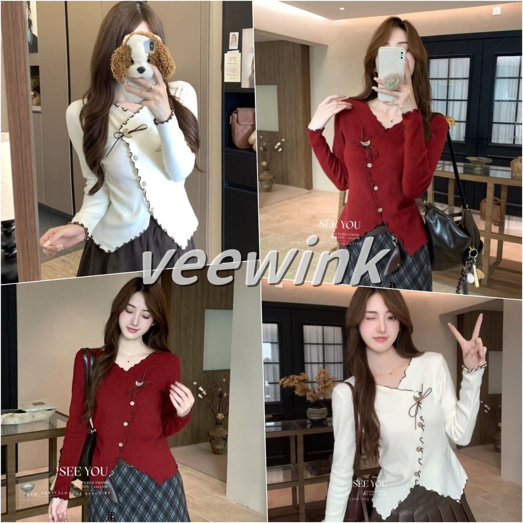 Veewink เสื้อสเวตเตอร์คริสต์มาส เสื้อสไตล์ฝรั่งเศส สีตัดกัน คอวีลายลูกไม้ ทรงไม่สมมาตร กระชับเอว เนื้อผ้านุ่ม ใส่สบาย