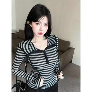 ส่งไวจากไทย มีฮู้ด เสื้อแขนยาวผู้หญิง ลําลอง สําหรับสตรี ลายทาง สไตล์วินเทจ แขนยาว 2สี UMISO