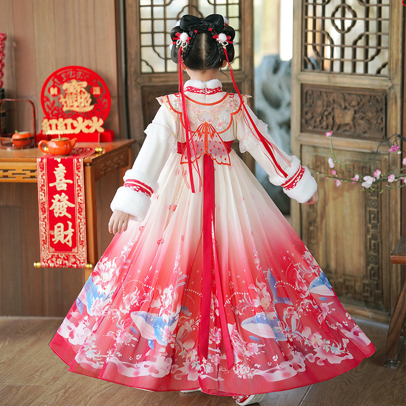 ชุดฮันฟูใหม่สำหรับสาว ออกแบบมาในสไตล์ฤดูหนาวพร้อมขนแกะ กระโปรงเด็กสไตล์จีน เครื่องแต่งกายโบราณสำหรับฤดูใบไม้ร่วงและฤดูหนาว - รูปที่ 4