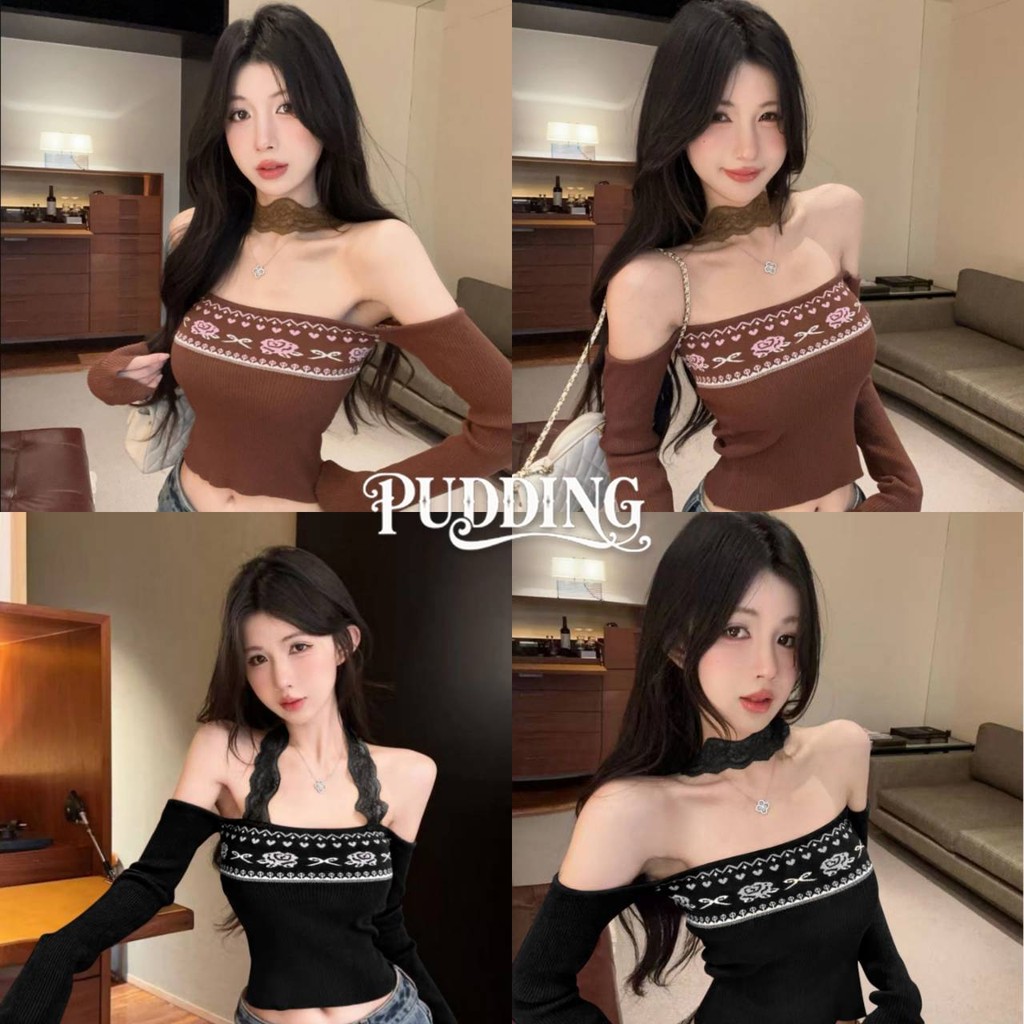 PUDDING พร้อมส่ง เสื้อไหมพรมเปิดไหล่ แขนยาว ราคาเบา สไตล์โบฮีเมี่ยน สีพื้นยืดพอดีตัว "31122