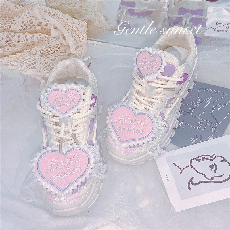 แพลตฟอร์มหนาSoled Peach Heart Purple Daddy Shoes Sweet Cute Lolita Daddy Shoes
