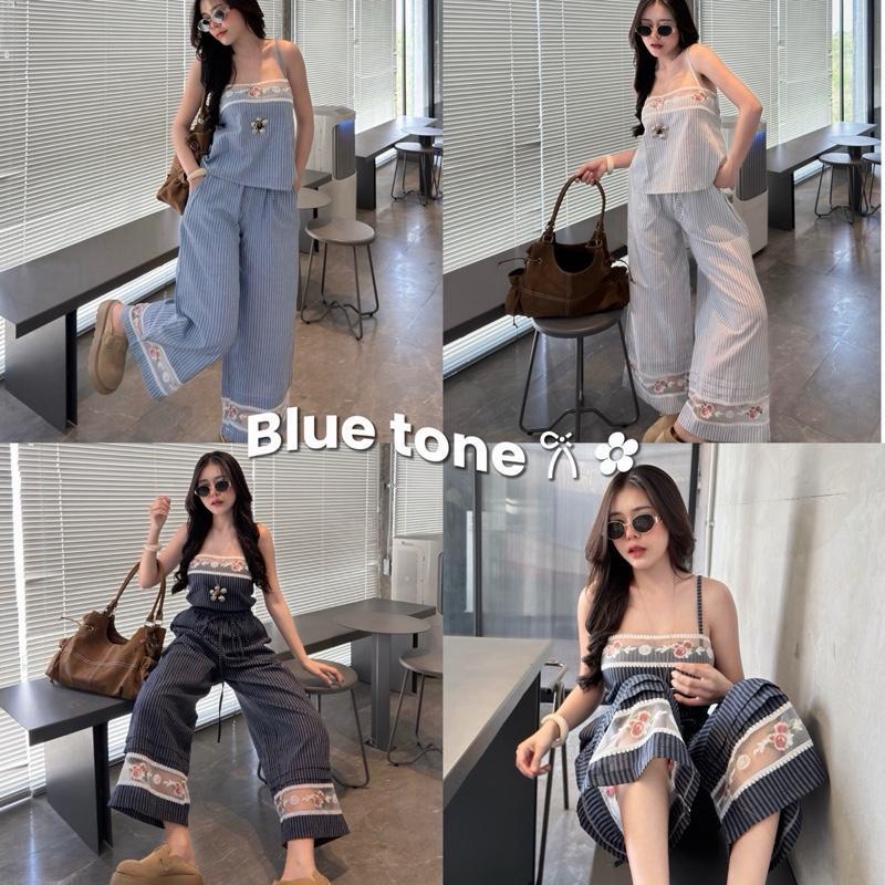 Flower blue tone เสื้อ และ กางเกง แต่งลูกไม้ปัก  (มีแบบเซต/แยกขาย)