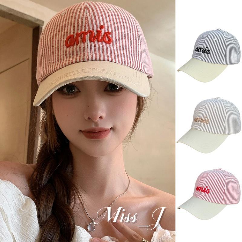 Miss_J พร้อมส่งจากกทม 🎀หมวกเบสบอลทรงนุ่มลายทางสีสันสดใส ปักตัวอักษร ใช้งานได้หลากหลาย