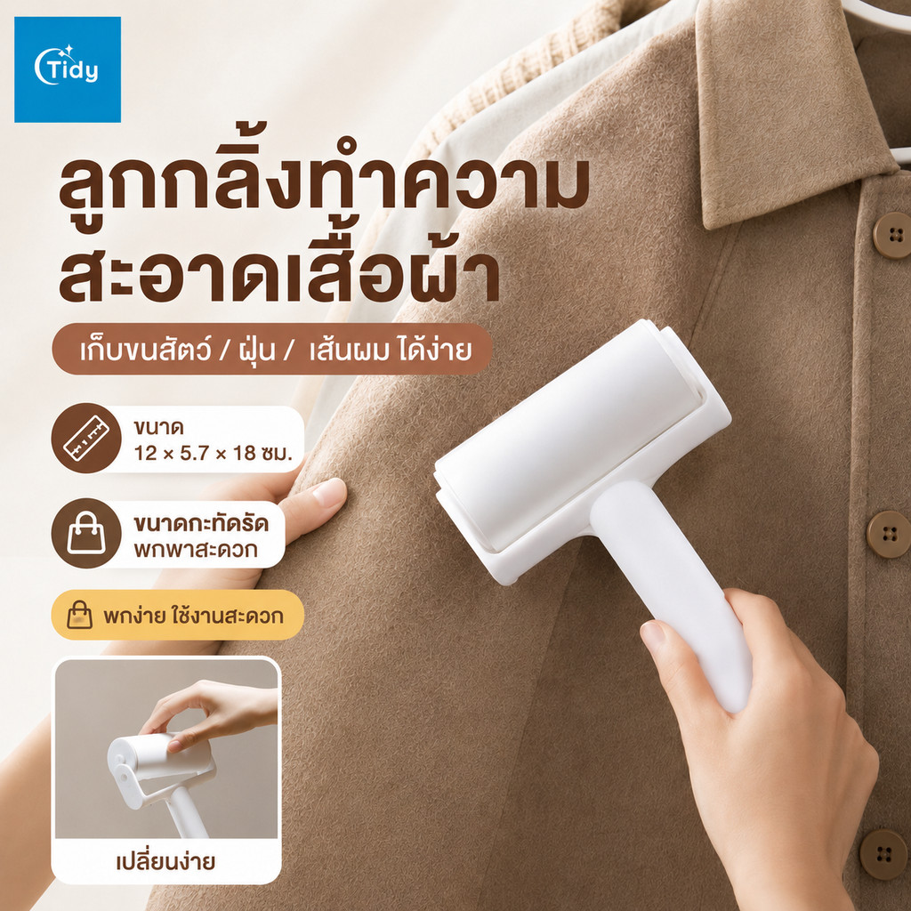 ลูกกลิ้งดักฝุ่น กาวลูกกลิ้งเก็บฝุ่น ลูกกลิ้งเก็บฝุ่นเก็บเศษผม 10cm ลูกกลิ้งเก็บขน แขวนได้ มีฝาครอบฝุ่น เหนียวติดแน่น