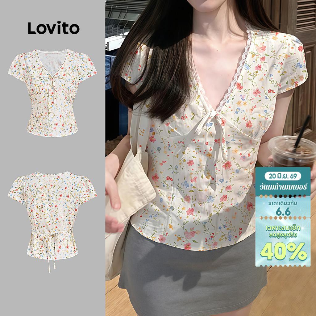 Lovito Casual เสื้อเบลาส์สไตล์โบโฮ ผูกโบว์ ผูกเชือก ผ้าลูกไม้โปร่งเล็กน้อย สำหรับฤดูใบไม้ผลิ/ฤดูร้อน สำหรับผู้หญิง L177ED230