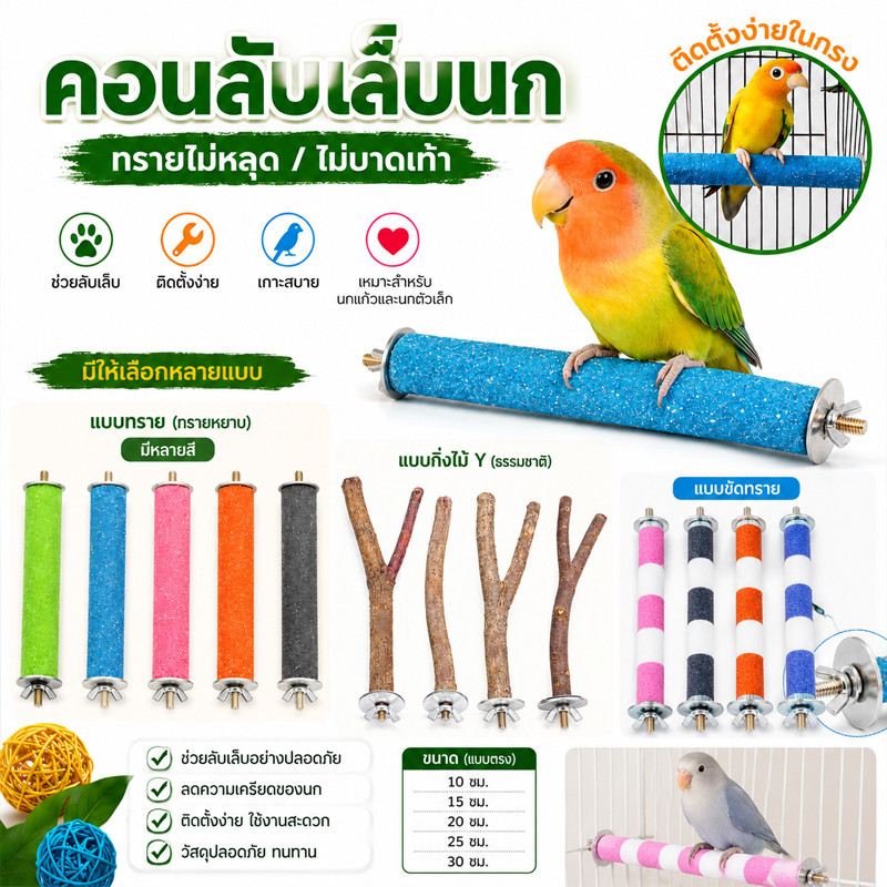 คอนลับเล็บ สำหรับนก คอนแบบติดกรง มีหลายสี หลายขนาด นกแก้ว ก้านไม้ของเล่นสําหรับนกแก้ว ทำจากไม้ธรรมชาติ