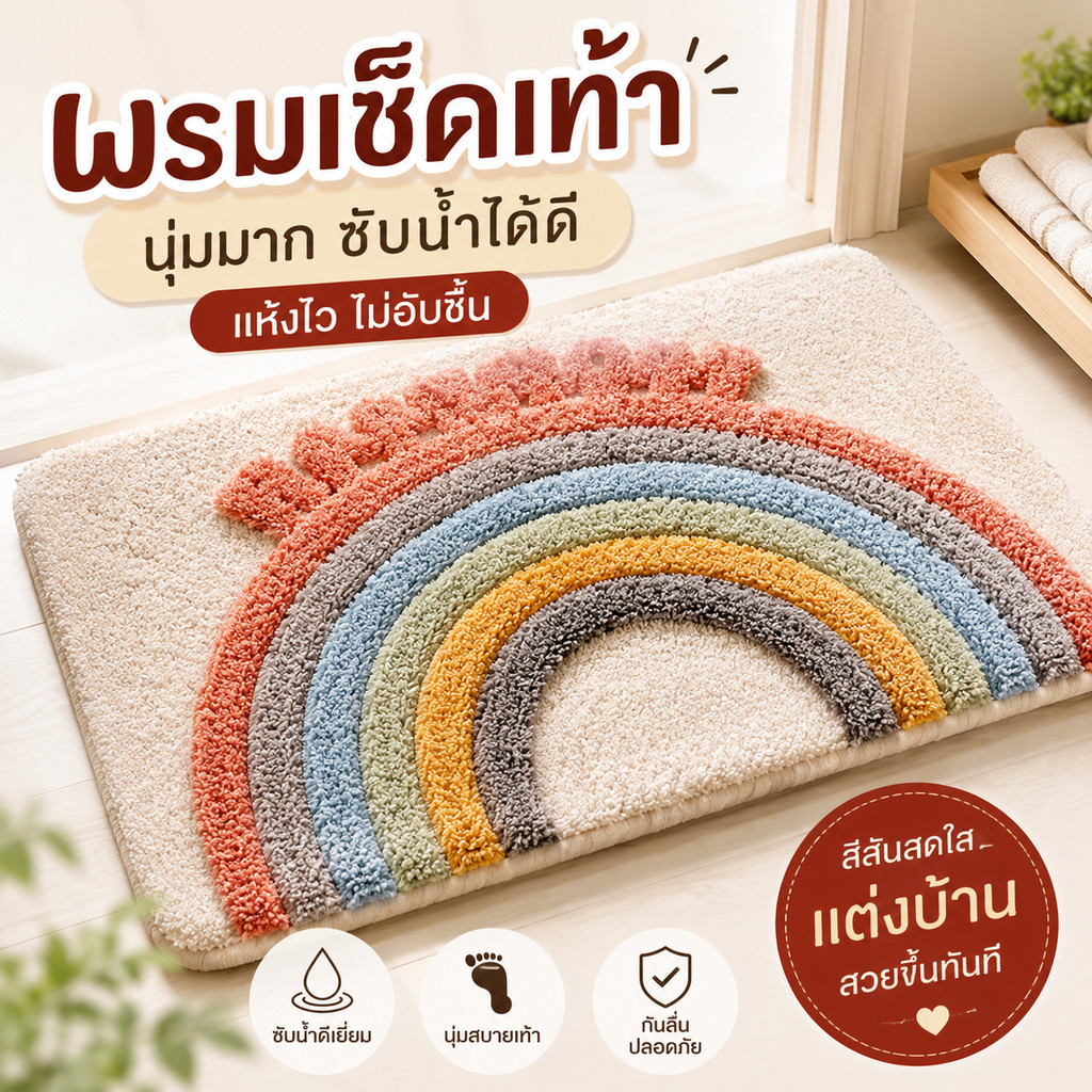 พรมเช็ดเท้า ดูดซับน้ำดี กันลื่น นุ่มสบาย สำหรับห้องน้ำ ห้องครัว แห้งไว