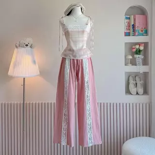 Macaron pastel เสื้อสายเดี่ยว แมท กางเกงลูกไม้ ( มีแยกขาย)