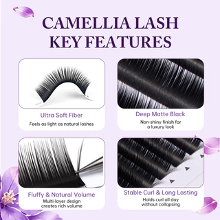 Yelix Premium Camellia Lash Extensions LJ/LB/LC/UJ/UB/UC Curl Wispy Volume Manga Eyelashes Matte สีดําขนตาส่วนบุคคล